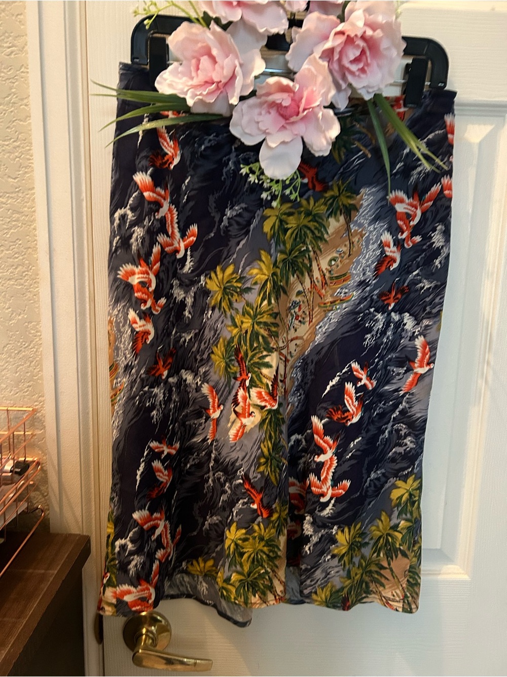 Vintage navy Tropical Midi Skirt with Coral and Green Print size M.